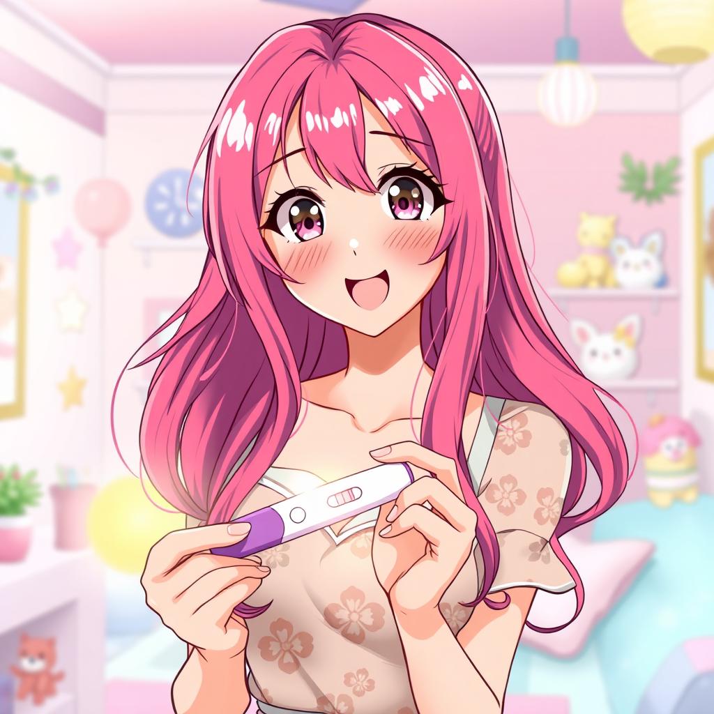 An anime-style illustration of a woman holding a pregnancy test, her expression a mixture of surprise and joy