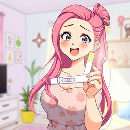 An anime-style illustration of a woman holding a pregnancy test, her expression a mixture of surprise and joy