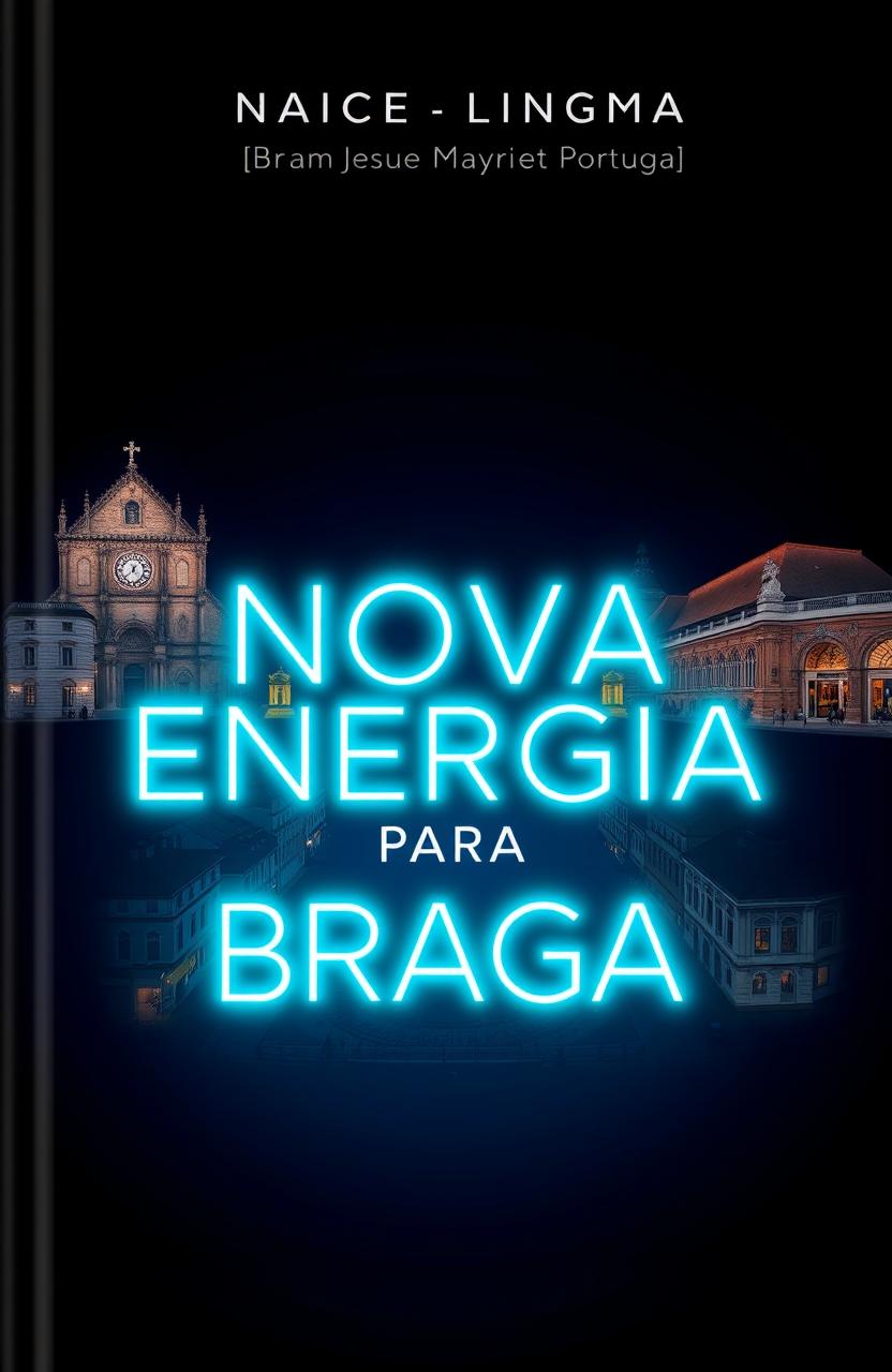 A captivating book cover design featuring the title "NOVA ENERGIA PARA BRAGA" in bright neon cyan letters prominently displayed at the center