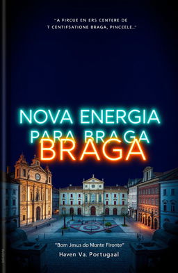 A captivating book cover design featuring the title "NOVA ENERGIA PARA BRAGA" in bright neon cyan letters prominently displayed at the center