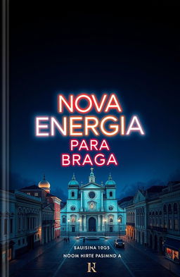 A captivating book cover design featuring the title "NOVA ENERGIA PARA BRAGA" in bright neon cyan letters prominently displayed at the center