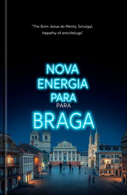 A captivating book cover design featuring the title "NOVA ENERGIA PARA BRAGA" in bright neon cyan letters prominently displayed at the center