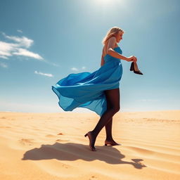 A lively scene capturing a woman walking shoeless on bright yellow sand, wearing a stunning blue dress that flows gracefully around her as she walks