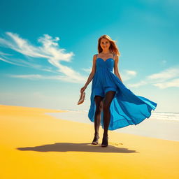 A lively scene capturing a woman walking shoeless on bright yellow sand, wearing a stunning blue dress that flows gracefully around her as she walks