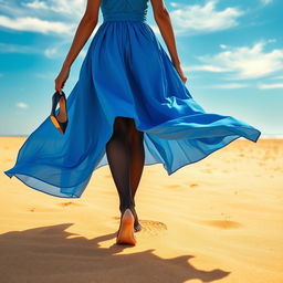 A lively scene capturing a woman walking shoeless on bright yellow sand, wearing a stunning blue dress that flows gracefully around her as she walks