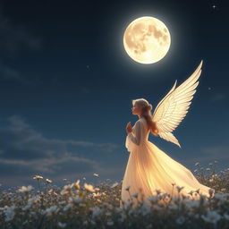 A serene and enchanting scene featuring a luminous full moon casting silvery light over a tranquil night sky