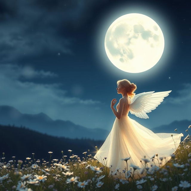 A serene and enchanting scene featuring a luminous full moon casting silvery light over a tranquil night sky