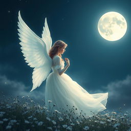 A serene and enchanting scene featuring a luminous full moon casting silvery light over a tranquil night sky
