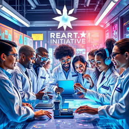 A vibrant and futuristic depiction of the Dream StarT Initiative, showcasing a diverse team of innovators and visionaries collaborating in a high-tech laboratory