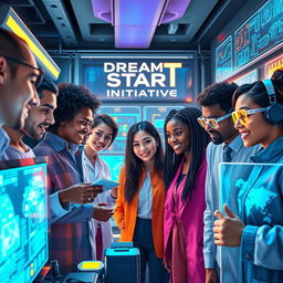 A vibrant and futuristic depiction of the Dream StarT Initiative, showcasing a diverse team of innovators and visionaries collaborating in a high-tech laboratory