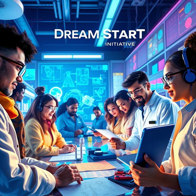 A vibrant and futuristic depiction of the Dream StarT Initiative, showcasing a diverse team of innovators and visionaries collaborating in a high-tech laboratory