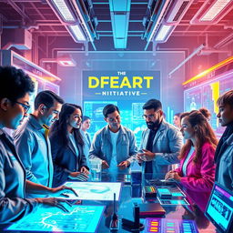 A vibrant and futuristic depiction of the Dream StarT Initiative, showcasing a diverse team of innovators and visionaries collaborating in a high-tech laboratory