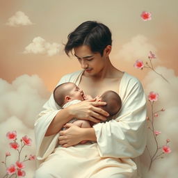 A surreal artwork depicting a male figure comfortably breastfeeding a baby in a serene setting