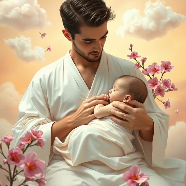 A surreal artwork depicting a male figure comfortably breastfeeding a baby in a serene setting