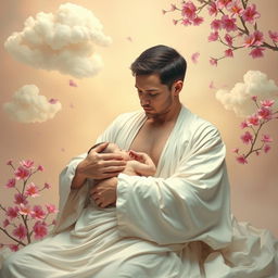 A surreal artwork depicting a male figure comfortably breastfeeding a baby in a serene setting