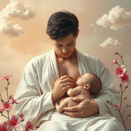 A surreal artwork depicting a male figure comfortably breastfeeding a baby in a serene setting
