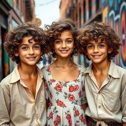 Three American triplets, two boys and one girl, all 17 years old, with light but tanned skin, delicate and majestic features