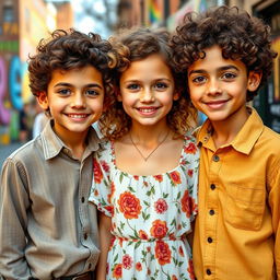Three American triplets, two boys and one girl, all 17 years old, with light but tanned skin, delicate and majestic features