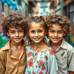 Three American triplets, two boys and one girl, all 17 years old, with light but tanned skin, delicate and majestic features