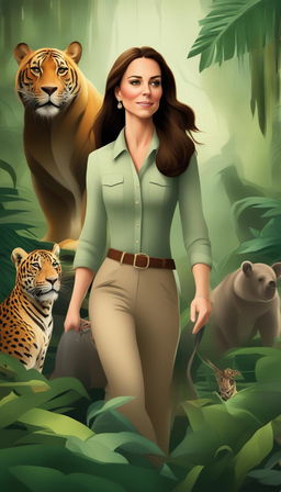 A Disney-style digital art piece depicting Kate Middleton, the Duchess of Cambridge, adventuring through the lush and vibrant Amazon jungle, with various wildlife observing her journey