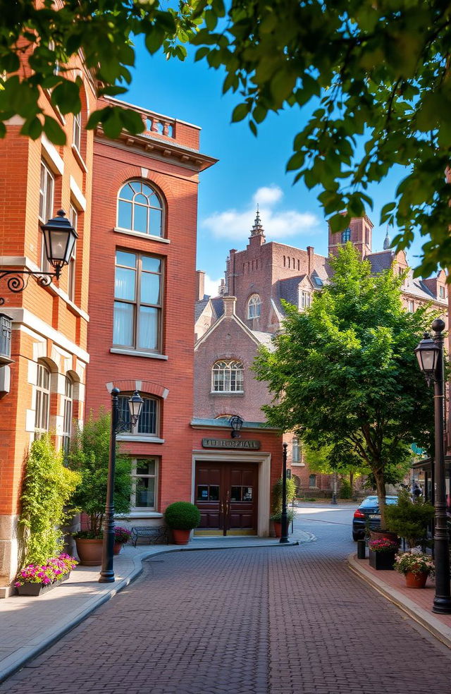 An exterior view of an old hospital building situated in a quaint, historical city