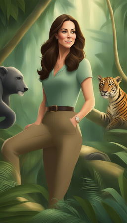 A Disney-style digital art piece depicting Kate Middleton, the Duchess of Cambridge, adventuring through the lush and vibrant Amazon jungle, with various wildlife observing her journey