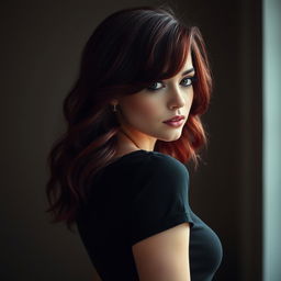 A captivating Instagram photo featuring a girl with dark red hair styled in waves, posing elegantly, her face turned away so it is not visible