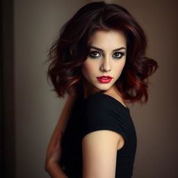 A captivating Instagram photo featuring a girl with dark red hair styled in waves, posing elegantly, her face turned away so it is not visible