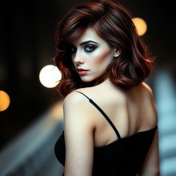 A captivating Instagram photo featuring a girl with dark red hair styled in waves, posing elegantly, her face turned away so it is not visible