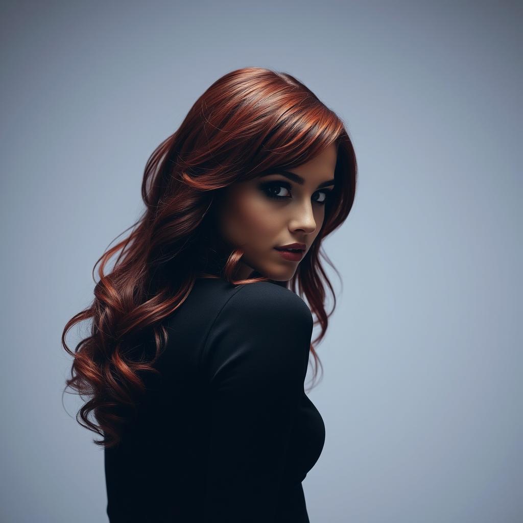 A captivating Instagram photo featuring a girl with dark red hair styled in waves, posing elegantly, her face turned away so it is not visible