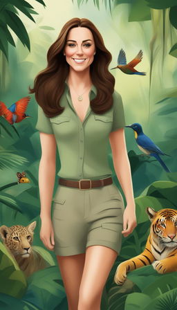 A Disney-style digital art piece depicting Kate Middleton, the Duchess of Cambridge, adventuring through the lush and vibrant Amazon jungle, with various wildlife observing her journey