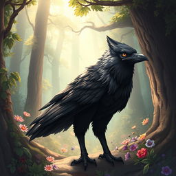 A detailed illustration of a kenku, a fantasy creature resembling a humanoid raven, depicted with wolf-like features
