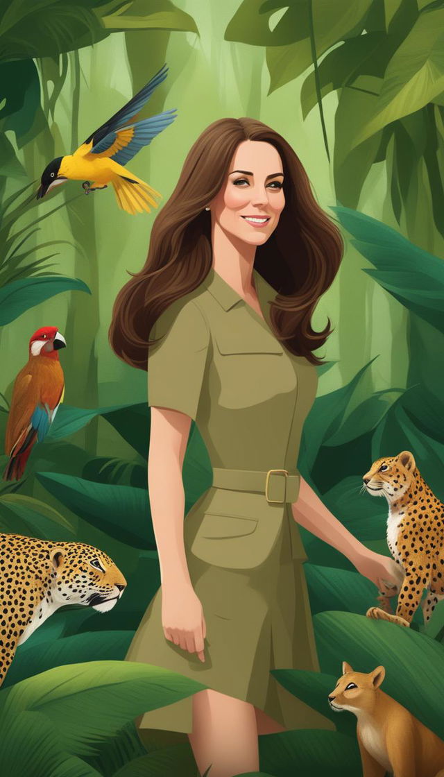 A Disney-style digital art piece depicting Kate Middleton, the Duchess of Cambridge, adventuring through the lush and vibrant Amazon jungle, with various wildlife observing her journey