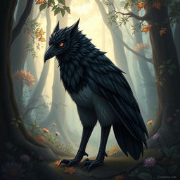 A detailed illustration of a kenku, a fantasy creature resembling a humanoid raven, depicted with wolf-like features