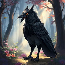 A detailed illustration of a kenku, a fantasy creature resembling a humanoid raven, depicted with wolf-like features