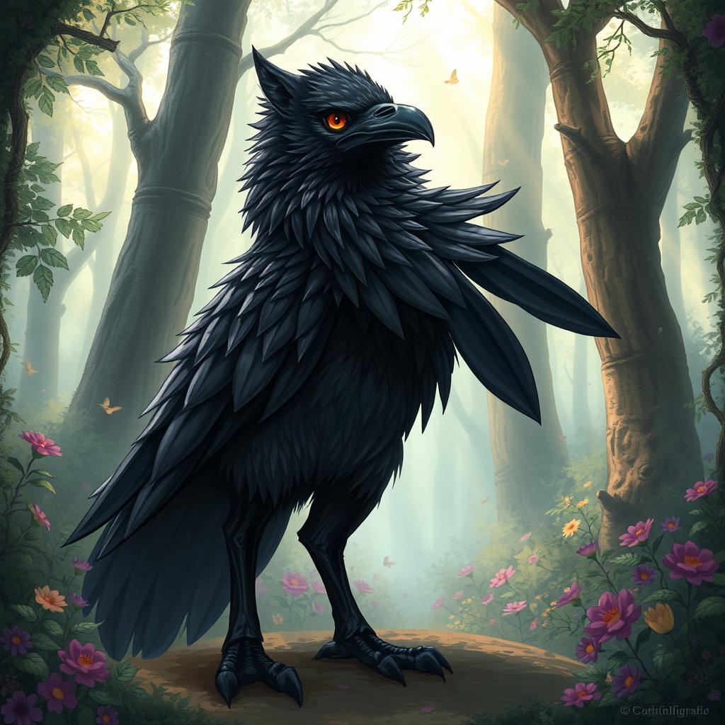 A detailed illustration of a kenku, a fantasy creature resembling a humanoid raven, depicted with wolf-like features