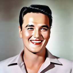 A portrait of Elvis Presley depicted with a fully shaved head, smiling broadly.