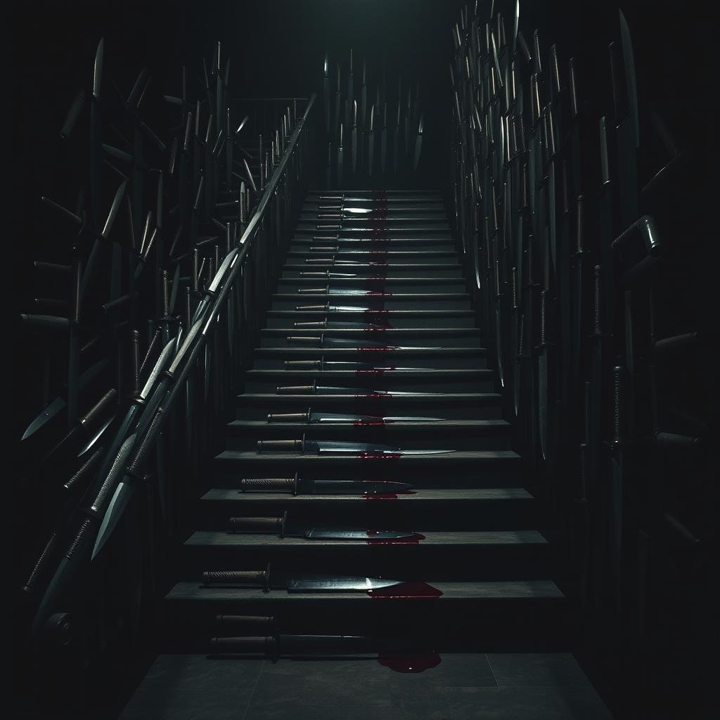 A dark and eerie room filled with an intricate arrangement of stairs leading in various directions
