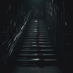 A dark and eerie room filled with an intricate arrangement of stairs leading in various directions