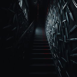 A dark and eerie room filled with an intricate arrangement of stairs leading in various directions