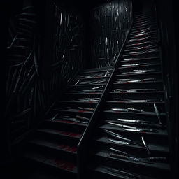 A dark and eerie room filled with an intricate arrangement of stairs leading in various directions