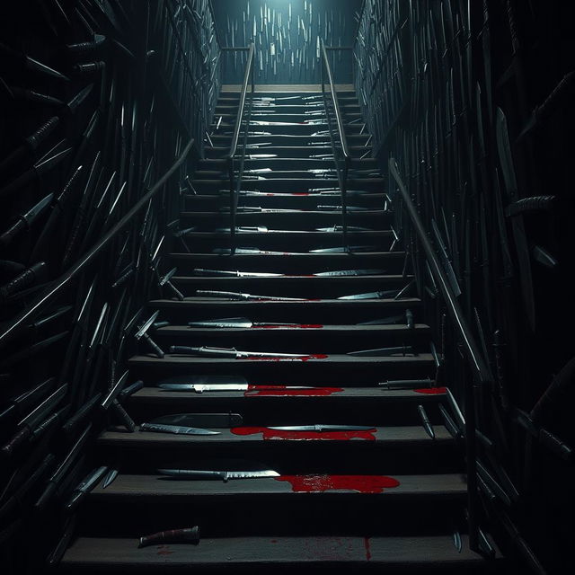 A dark and eerie room filled with an intricate arrangement of stairs leading in various directions