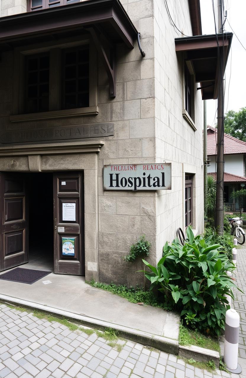 An exterior view of an old hospital building located in a historical city, featuring classic architecture with weathered stone walls, large wooden doors, and vintage windows