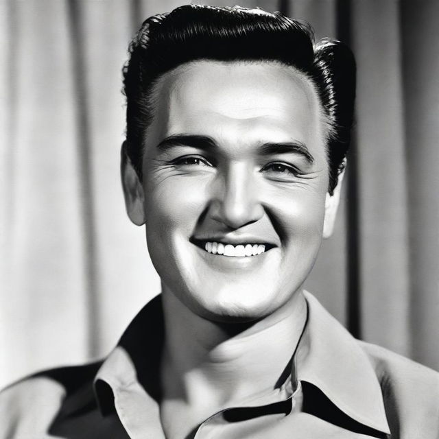 A portrait of Elvis Presley depicted with a fully shaved head, smiling broadly.