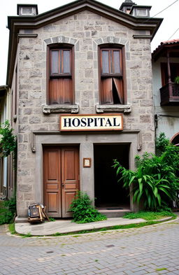 An exterior view of an old hospital building located in a historical city, featuring classic architecture with weathered stone walls, large wooden doors, and vintage windows