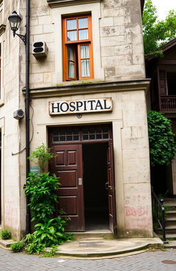 An exterior view of an old hospital building located in a historical city, featuring classic architecture with weathered stone walls, large wooden doors, and vintage windows