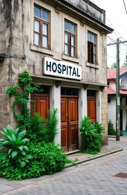 An exterior view of an old hospital building located in a historical city, featuring classic architecture with weathered stone walls, large wooden doors, and vintage windows