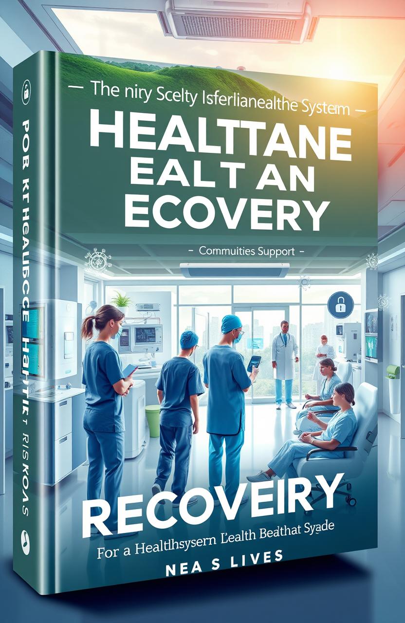 A visually striking book cover design concept focusing on a modern healthcare system in the context of post-COVID-19 recovery