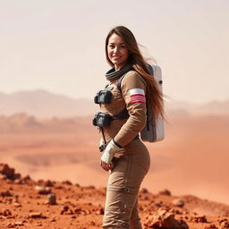 A beautiful young woman with an attractive figure, wearing a stylish space suit, standing confidently on the red landscape of Mars