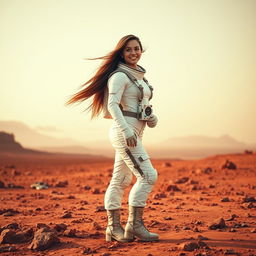 A beautiful young woman with an attractive figure, wearing a stylish space suit, standing confidently on the red landscape of Mars